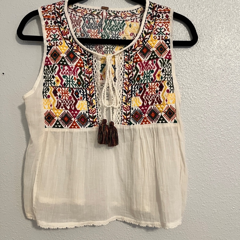 Free People Lohri Embroidered Boho Tassel Tank Top Ivory Size small